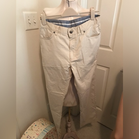 Ermenegildo Zegna mens pants cream with signature leather placket $750 size 34